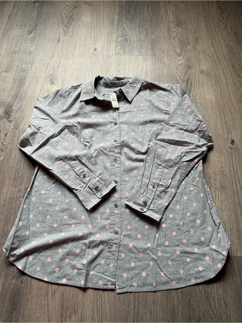 Gray Button-Up Shirt with Pink Polka Dots - Women’s